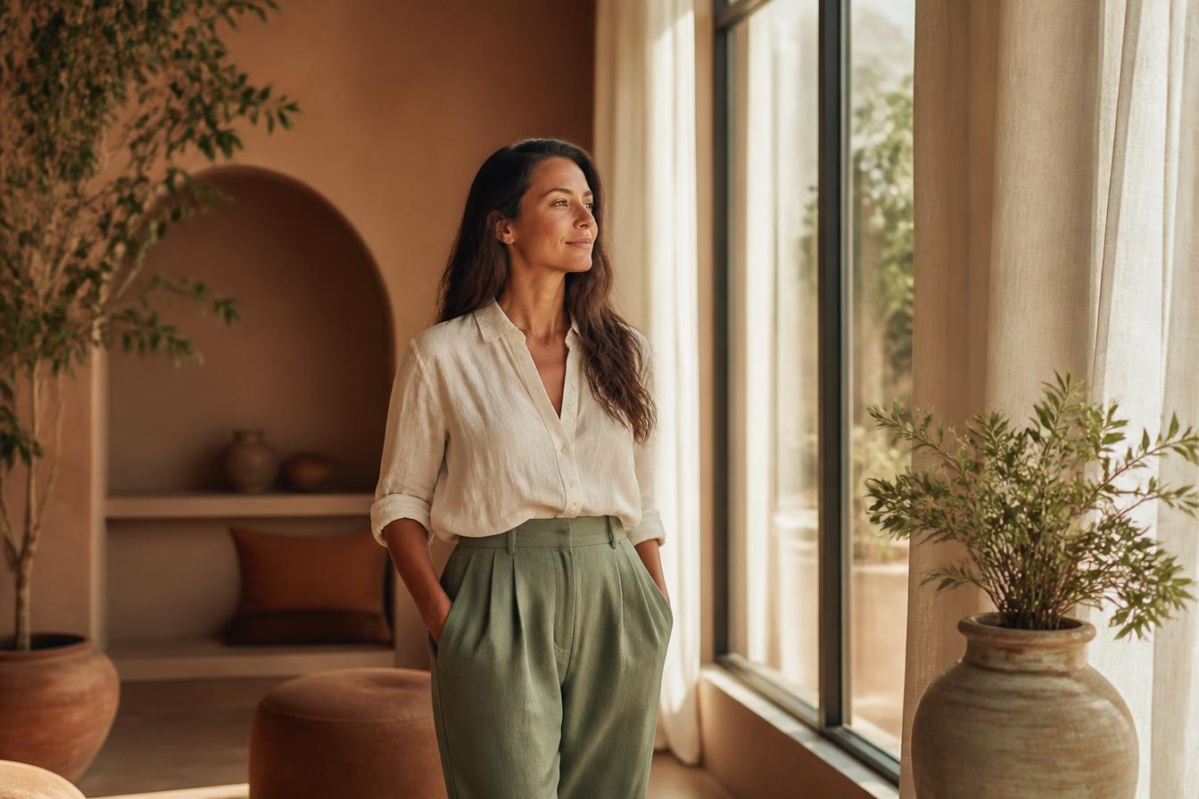 A confident person bathed in warm natural light, representing personal transformation